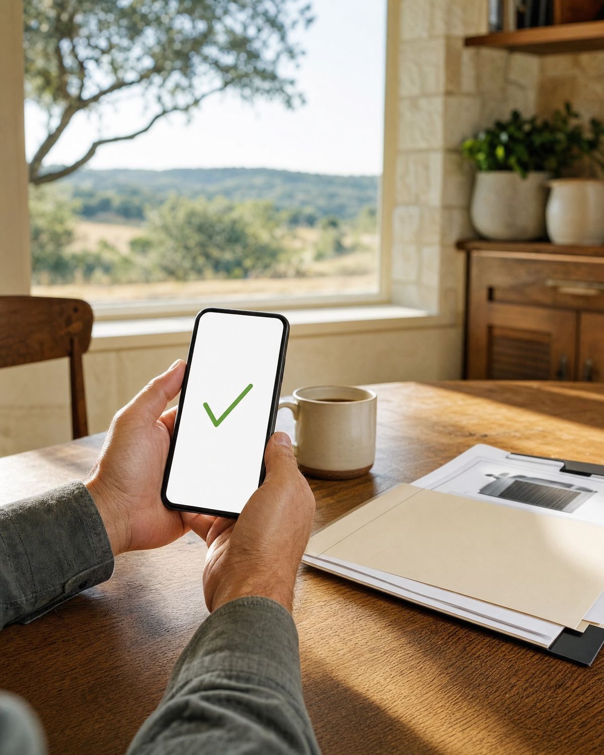 A homeowner at the kitchen table with a pre-approval on their phone