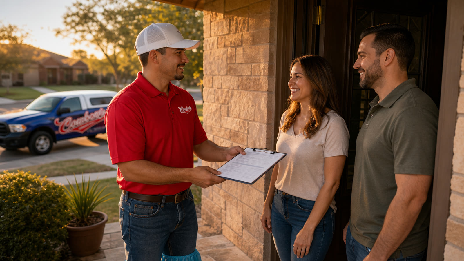 A Cowboy’s technician hands a printed estimate to a couple at their front door, the truck at the curb