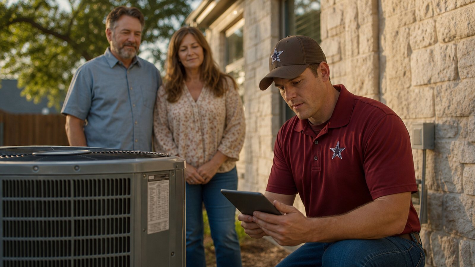 A Cowboy’s technician registers a new Trane condenser’s warranty on a tablet while the homeowners look on